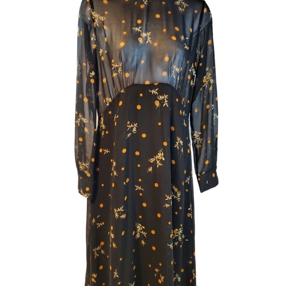 Sheer Black Long Sleeve Dress with Polka Dots and Floral Pattern - Picture 1 of 6